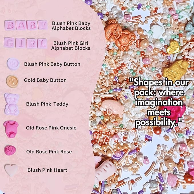 Confect Girls Baby Shower Sprinkles | Mix Blush Pink & Gold Button, Teddy & Heart Sprinkles | edible Sprinkles for Cake & Cupcake Sprinkle Pack of 5 | Vegan, Gluten-Free, Nut-Free, Soy-Free, Dairy-Free, Palm Oil-Free - 5 Oz