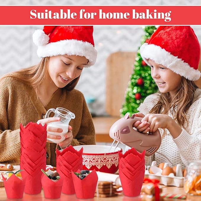 600 Pcs Tulip Cupcake Liners for Baking Muffin Liners Printed Baking Cups Holders Greaseproof Wrappers Decoration for Cupcake Bouquet Birthday Party Wedding Bride Shower (Red)