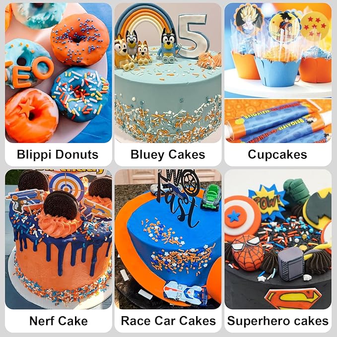 HUEBEATY 6-in-1 Sprinkles for Cake Decorating – 180g Blue and Orange Sprinkles Mix with Jimmies, Nonpareils, Stars, Pearls & Sugar Crystal – Edible Cakes, Cupcakes, Cookies & Ice Cream Topper Decorations for Birthday Parties