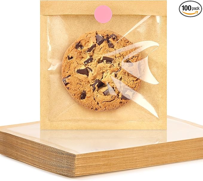 Ocmoiy 100 Pcs Cookie Packaging Bags with Seal, 5.7x6.5 Inch Paper Bakery Bags with Window, Heat-Sealable & Grease-Resistant Bake Sale Sleeves for Treat, Donut, Scone, Brownie, Cake Slice