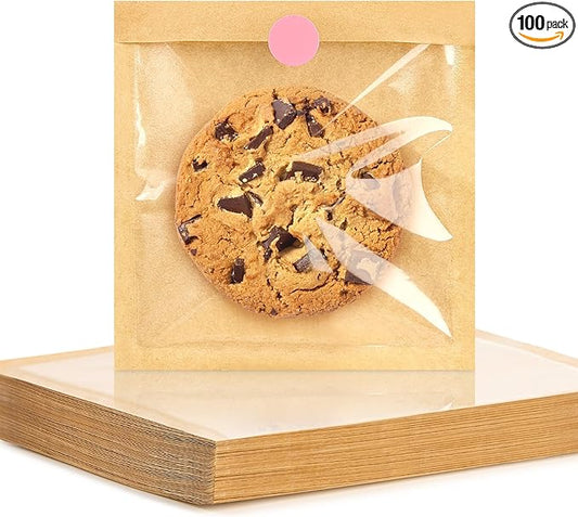 Ocmoiy 100 Pcs Cookie Packaging Bags with Seal, 5.7x6.5 Inch Paper Bakery Bags with Window, Heat-Sealable & Grease-Resistant Bake Sale Sleeves for Treat, Donut, Scone, Brownie, Cake Slice