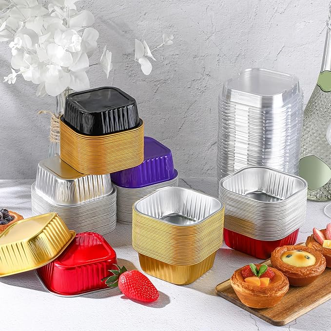 Aoriher 300 Pieces 10 oz Mini Cake Pans with Lids, Aluminum Foil Baking Cups, Square Disposable Cupcake Cups Baking Tins for Wedding Birthday Party Supplies(Multicolor)