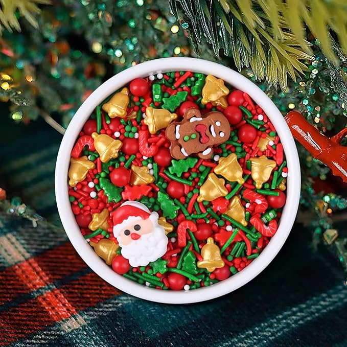 LEBERY 1 Bottle Christmas Sprinkles Holiday Sprinkle Mix Christmas Tree Santa Claus Sprinkles Christma Jimmies Red and Green Sprinkle Edible Xmas Cake Topper for Cookie Baking Decorating