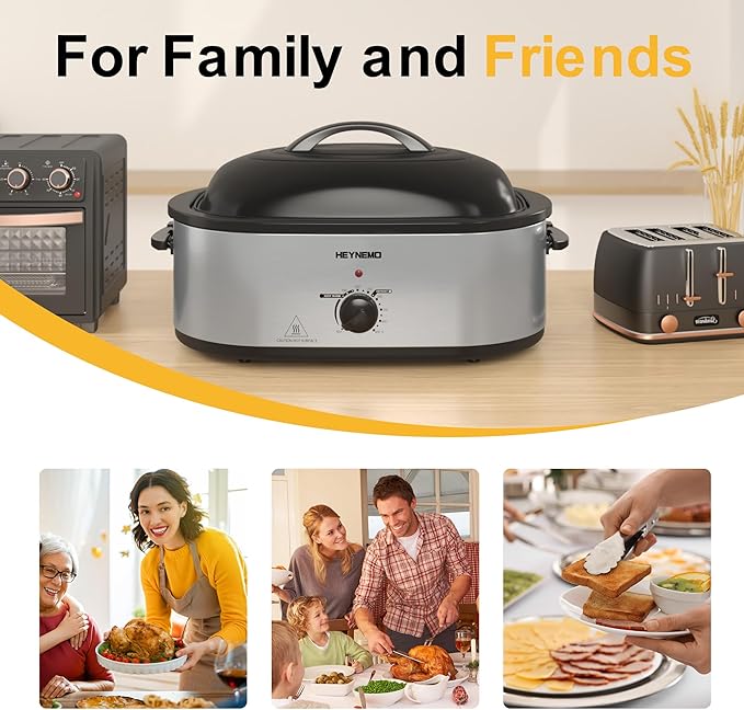 20 Quart Roaster Oven with Self-Basting Lid, Large Electric Turkey Roaster Oven with Defrost & Warm Function, Adjustable Temperature, Removable Pan & Rack, Stainless Steel, Silver
