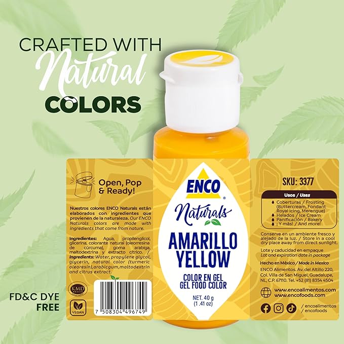 ENCO Natural Food Coloring Gel Yellow 1.41 oz No artifitial dyes - Vibrant colors for Icing, Buttercream, Fondant - Vegan & Kosher
