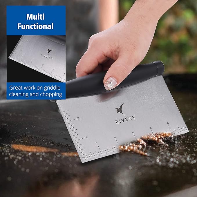 Stainless Steel Griddle Scraper for Flat Tops, Multipurpose Bench Scraper for Kitchen & Outdoor BBQ, Durable Bread Dough Cutter, Grill Scraper for Chopping, Dicing, Mixing Food and Cleaning