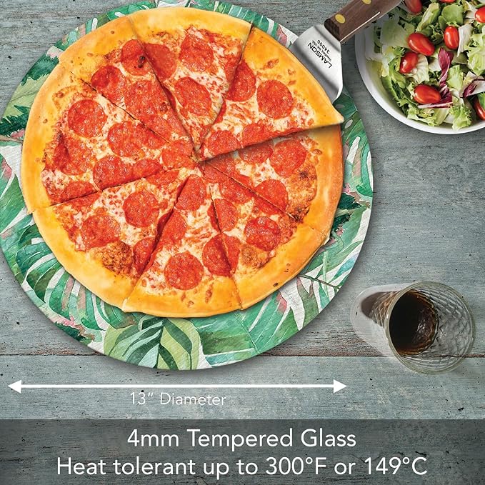 CounterArt Jungle Leaves 4mm Tempered Glass Lazy Susan Turntable 13" Diameter Condiment Caddy Cake Plate Pizza Server