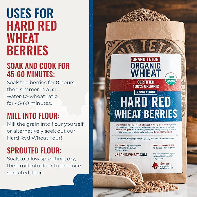 Yecora Rojo Hard Red Wheat Berries by Grand Teton Organic Wheat | Organic Hard Red Spring Wheat Berries for Baking Whole Grain Breads or Milling Into Flour | Non-GMO, (15 Pounds)