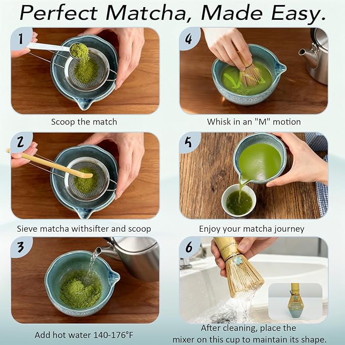 8Pcs Matcha Whisk Set, Matcha Set Includes Ceramic Matcha Bowl, Whisk and Holder, Bamboo Scoop, Scoop Rest, Sifter, Measuring Spoons and Tea Towel Tea Kit Gift Set for Women (Blue)