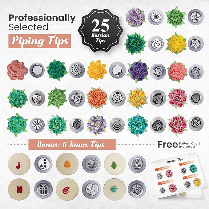 RFAQK 150PCs Russian Piping Tips Complete Set - Cookie,Cupcake Decorating Supplies Kit -Cake Piping Tips Set(24 Icing Tips+25 Russian+7 Ruffle+Leaf&Ball+41 Pastry Bags+EBook)