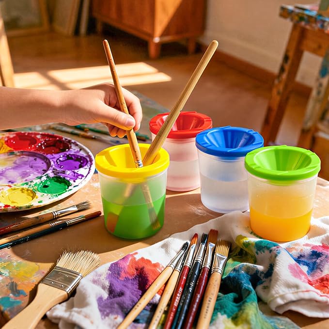 No Spill Paint Cups, 48pcs Paint Cups with Lids for Kids Suitable for Kids Paint, Spill Proof Paint Cups are Ideal for Classroom Art Supplies and Crafts, Durable Paint Cups with Lids(4 Colors)