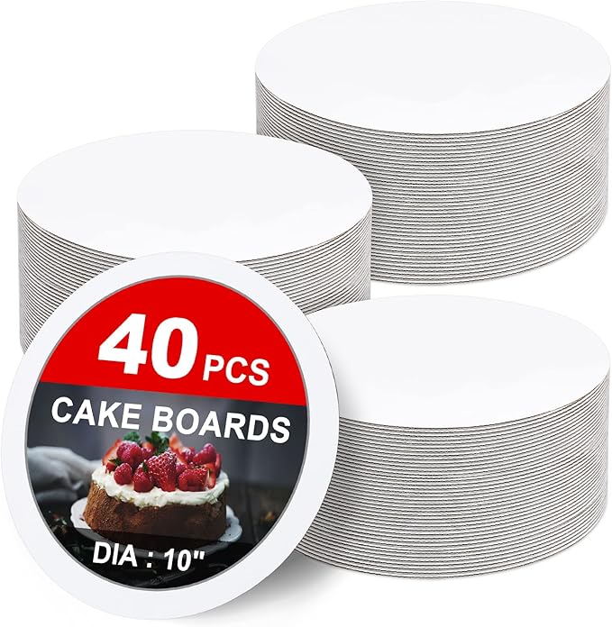 40-Packs Cake Boards 10 inch Round, Cake Boards White Cake Board Rounds, White Cake Circles Rounds Base Food-Grade Cardboard Cake Plate for displaying Cakes, Bread, Desserts（Thin and Sturdy）