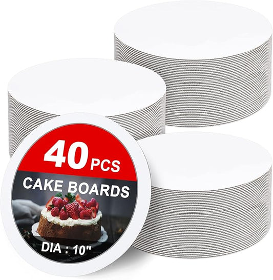 40-Packs Cake Boards 10 inch Round, Cake Boards White Cake Board Rounds, White Cake Circles Rounds Base Food-Grade Cardboard Cake Plate for displaying Cakes, Bread, Desserts（Thin and Sturdy）