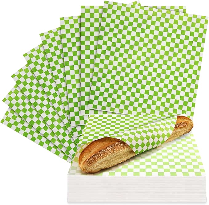Culiware Deli Paper Sheets, 12x12 inch, 1000pcs - Classic Checkered Wax Sheet, Precut Food Basket Liners, Grease-Resistant Wrapping Paper for Sandwich Bread Burritos (Green and White)