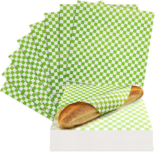 Culiware Deli Paper Sheets, 12x12 inch, 1000pcs - Classic Checkered Wax Sheet, Precut Food Basket Liners, Grease-Resistant Wrapping Paper for Sandwich Bread Burritos (Green and White)