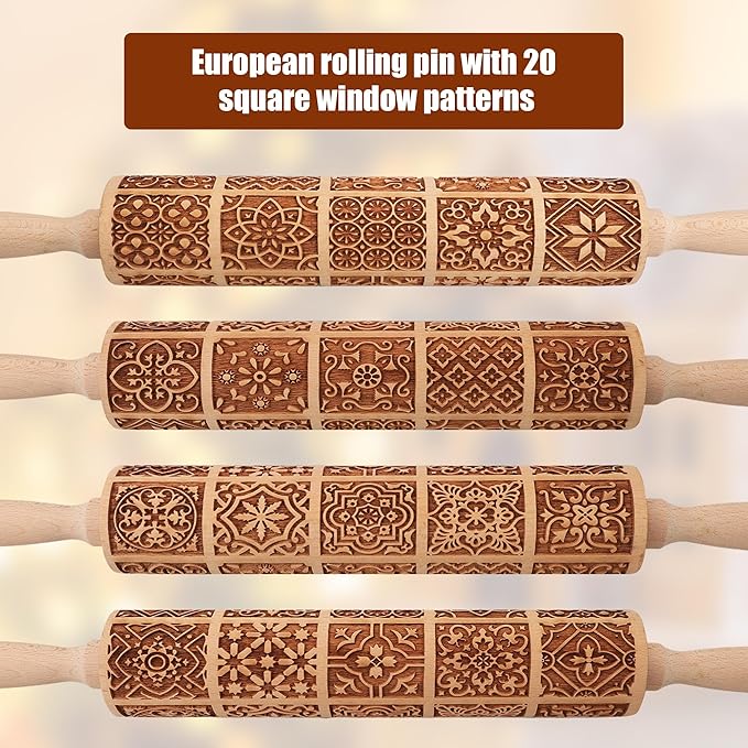 17" Premium Wooden Rolling Pins for Baking with European Embossed Designs | 3mm Deep Springerle Cookie Molds | Christmas Rolling Pin & Baking Gifts for Women | Includes 3-in-1 Cleaning Brush
