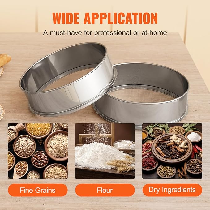 VEVOR Flour Sieve Fine Mesh, 40 Mesh Sifter, 304 Stainless Steel Sifter Food-grade, Dia. 12.6" Fine Mesh Strainers for Baking, 5 Sizes Mesh hole for Mungbean, Rice, Flour, Pearl Powder
