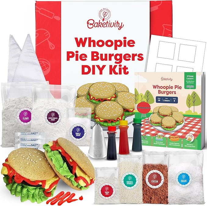 Baketivity Whoopie Pie Burgers Baking Kit for Kids Set - Real Cooking Set for Girls & Boys Ages 5-12 - Baking Kit with Premeasured Ingredients, STEM Kit for Kids with Instructions