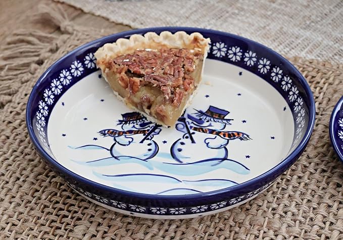 Blue Rose Polish Pottery - Blue Frosty Friend Pie Plate - 9.75" Diameter - Ceramic Baking Dish, For Pies, Quiches & Desserts