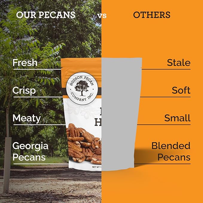 HUDSON PECAN COMPANY | Fresh Delicious Fancy Georgia Pecan Halves | Local, Gluten-Free, Keto-Friendly & Kosher Certified | Perfect for Baking, Cooking, Desserts & Snacking, 12 oz Resealable Bag