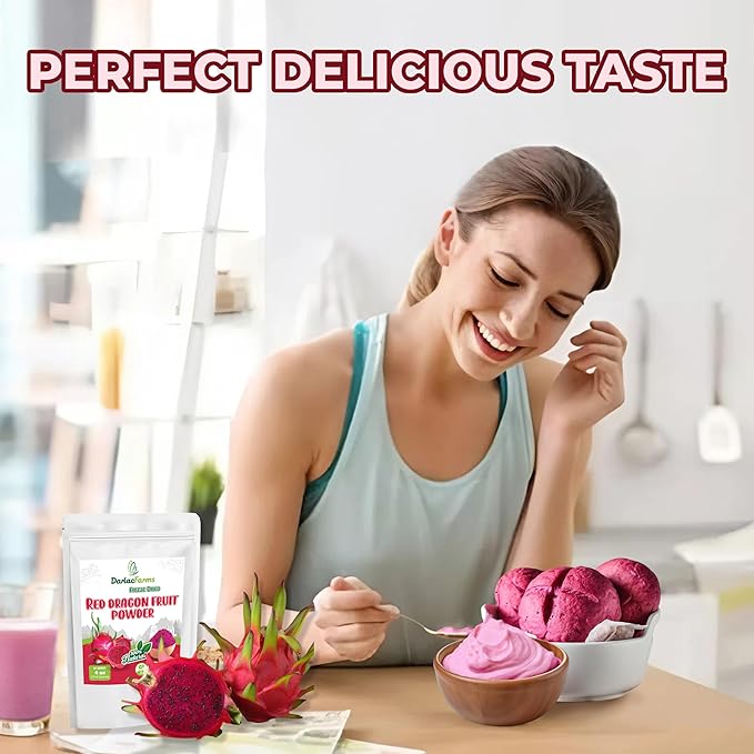 DARLAC FARMS Freeze Dried Red Dragon Fruit Powder 4Oz, Natural ingredients, Nutrient-rich, Vegan, No Add Sugar, Preservative-free, Convenient zip-lock Pouch, Perfect for Drinks, Smoothies, Baking