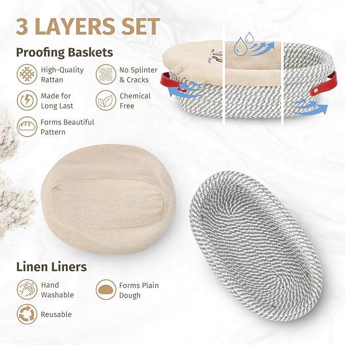 Banneton Bread Proofing Basket Oval Set of 2 10 inches Sourdough Bread Basket Baking Supplies with Liners & Covers Gifts for Bakers Women Mom Wife