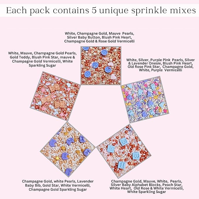Confect Girls Baby Shower Sprinkles | Gender Reveal Sprinkles | Mix Gold, Silver, Baby Blue & Lavander Sprinkles | Pack of 5 Assorted Edible Sprinkle | Vegan, Gluten-Free, Nut-Free, Soy-Free, Dairy-Free, Palm Oil-Free - 5 Oz