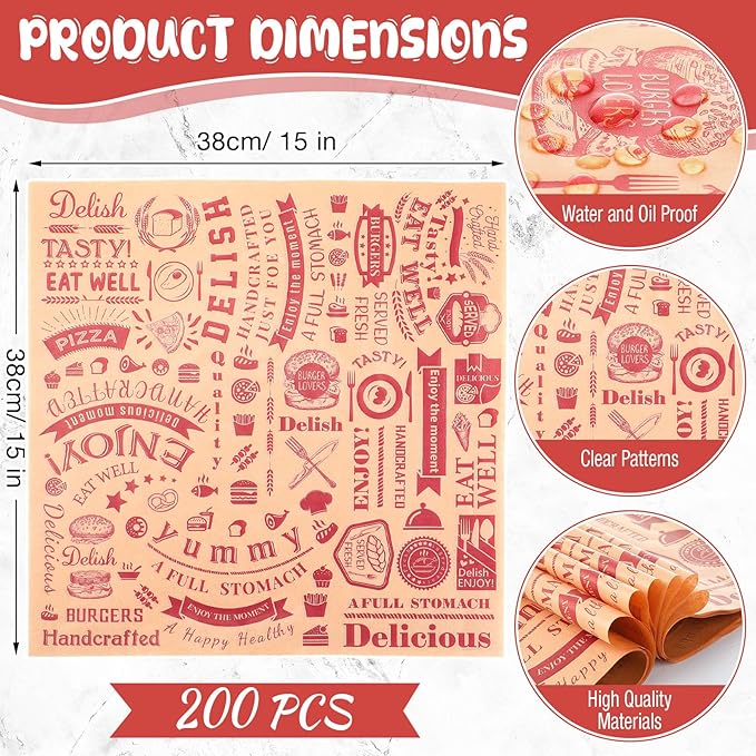 200 Pcs Deli Wax Paper Sheets 15 x 15 Inch Large Newsprint Sandwich Paper Wraps Greaseproof Food Basket Liners Newspaper Wrapping Square for Halloween Christmas Burger Bread BBQ Picnic (Brown Red)