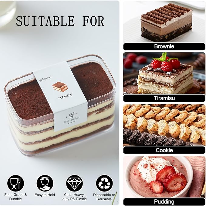 Plastic Rectangle Dessert Cups Boxes with Lids and Sporks,packaging for baked,Cookie Tiramisu Containers for Fruit,Pudding,Mousse,Parfait Cups With Lids(8, Rect 4.6*2.4*2.7 IN-Boxes+Sporks+stickers)