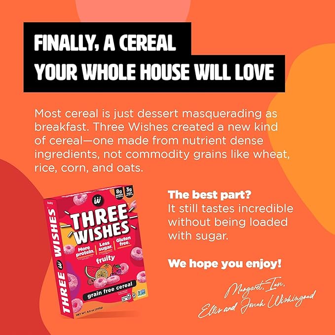 Three Wishes Grain-Free & Protein Cereal - Healthy, Low Sugar & Gluten-Free Breakfast Cereal - Low Carb, Plant-Based, Vegan & Non-GMO - Fruity, 4-Pack