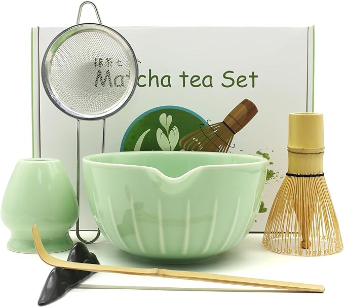 Matcha Whisk Set 7 Pcs - Ceramic Matcha Set with Bowl, Whisk, Holder, Bamboo Scoop, Rest, Sifter, and Tea Towel – Elegant Matcha Kit Gift for Women