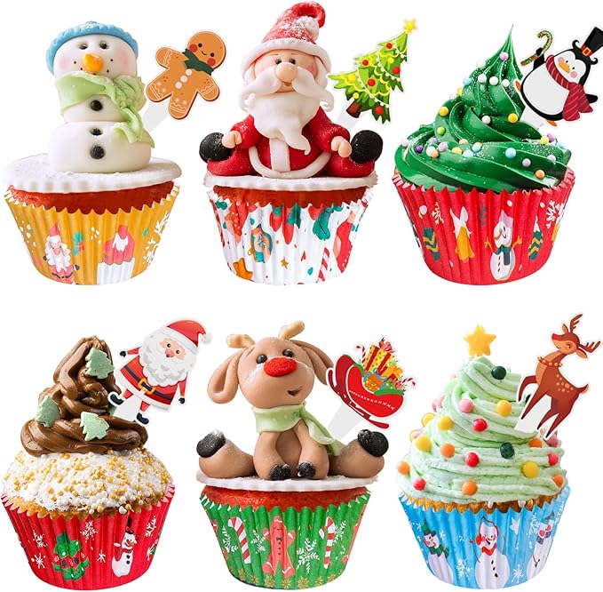 Christmas Cupcake Liners with Toppers Picks, Standard Wrappers Cupcake Disposable Baking Cups Muffin Liners for Xmas Holiday Party Favors, Party Decorations for Christmas Baking Supplies