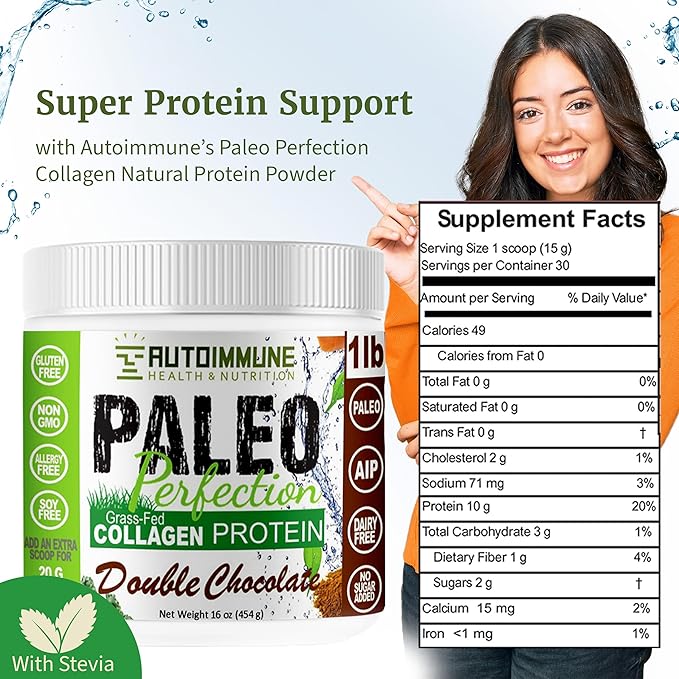 Paleo Perfection Double Chocolate Grass Fed Beef Collagen Protein Powder with Stevia - Paleo, Keto, SCD, AIP Protein Powder with Apple Fiber, Carrot & Broccoli - Protein Powder & Superfood Blend