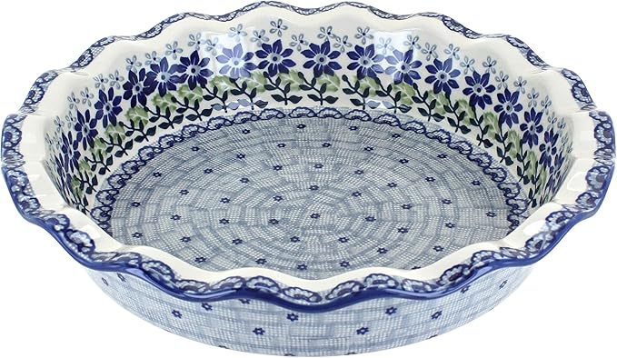 Blue Rose Polish Pottery - Blue Hallsey Pie Plate - 10.5" Diameter - Ceramic Baking Dish, For Pies, Quiches & Desserts