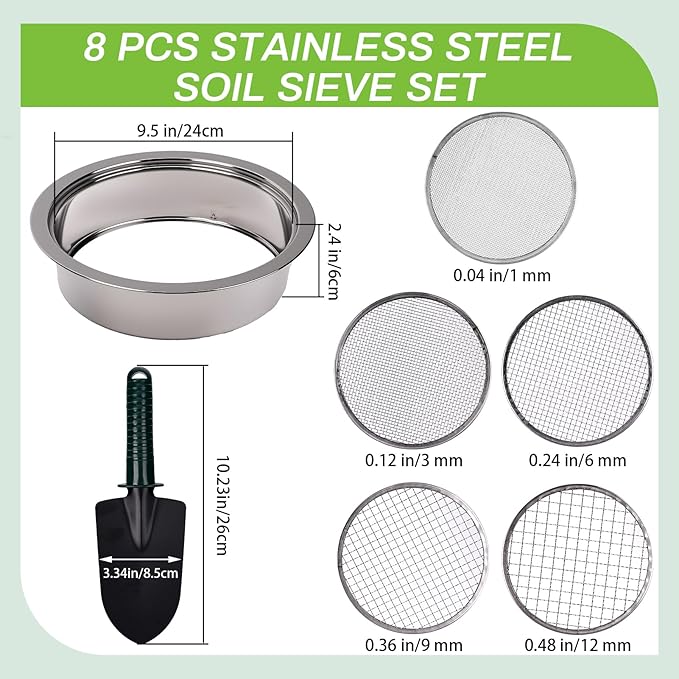 8PCS Soil Sifter Sieve Set - Rock Sifter, Sieve Fine Mesh Stainless Steel, Compost Sifter, with 1/3/6/9/12mm Sieve Mesh & Shovel & Gloves, Suitable for Screening Particulate Matter