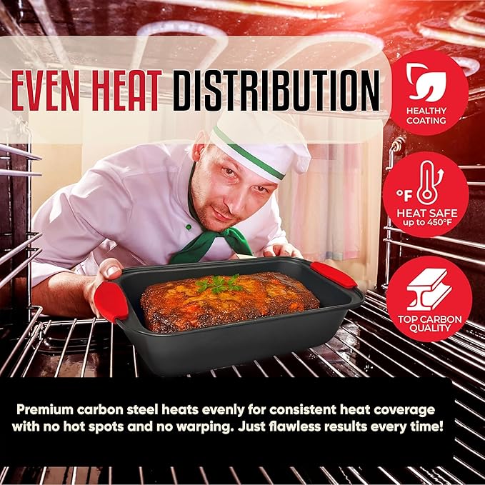 PERLLI Nonstick Loaf Pan with Silicone Grip Handles 11.75" x 6" High-Carbon Steel Bakeware for Baking Bread Cake Broiling Roasting Meat, Oven Safe (446°F)