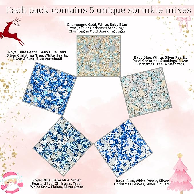 Confect Christmas Sprinkles | Christmas Sprinkles - Blue White & Gold Pearls Sparkling sugar I Christmas Tree Stocking & Snowflakes s for Dessert Decorating- 5 Oz