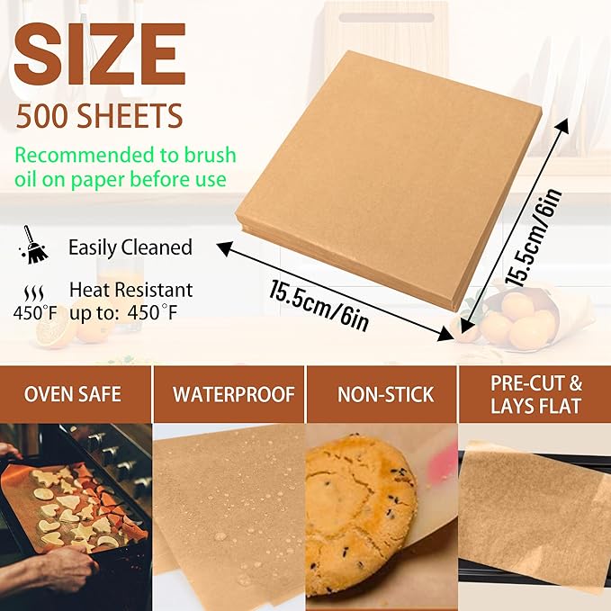 500 Pcs Parchment Paper Baking Sheets, 6"x6" Precut Non-Stick Baking Parchment Paper Sheets Bun Sheet Pan Liners.Baking Grilling Air Fryer Steaming Bread Cup Cake Cookie (Brown-6"x6")