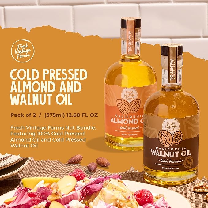Fresh Vintage Farms Nut Bundle 100% Undiluted Cold Pressed Almond & Walnut Cooking Oils | Wholesome & Nutritious Healthy Cooking Oils for Cooking, Baking, Dipping, & Salads | 12.68 Fl oz, Pack of 2