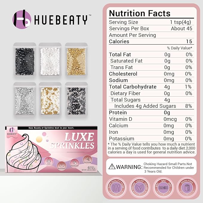HUEBEATY 6-in-1 Edible Cake Pearl Sprinkles – Black Gold Silver White Sprinkles for Cake Decorating, Cupcakes, Cookies & Ice Cream | 6.36oz/180g | Wedding, Birthday, Graduation, New Year, Valentines Decorations