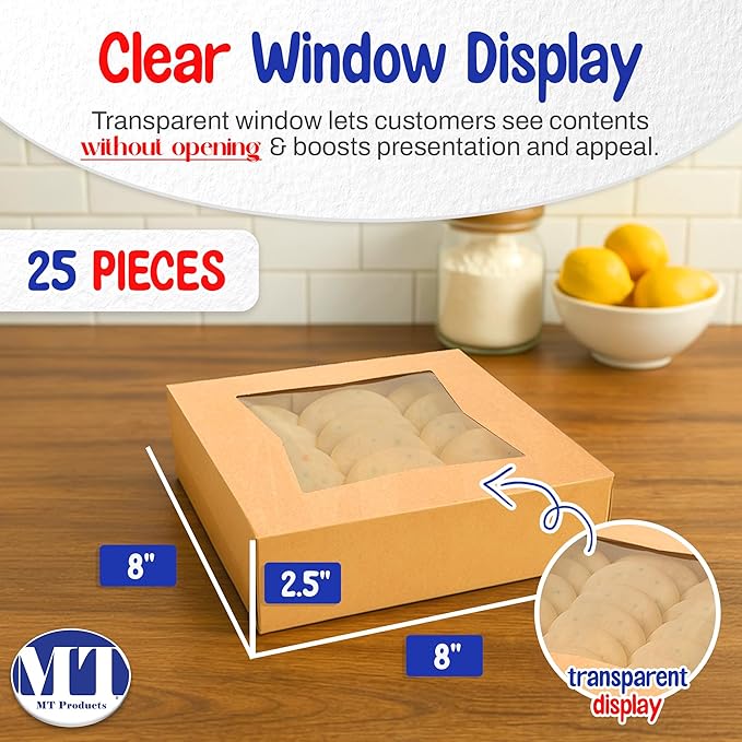 MT Products Brown Cookie Boxes 8" x 8" x 2.5" - Auto Pop-Up Bakery Boxes with Window (Pack of 25) - Made in the USA