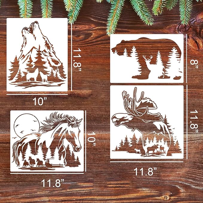 Animal Wood Burning Stencils for Painting 12” Deer Stencils Horse Stencil Bear Wolf Moose Drawing Templates for T-Shirt Fabric Wood DIY Crafts