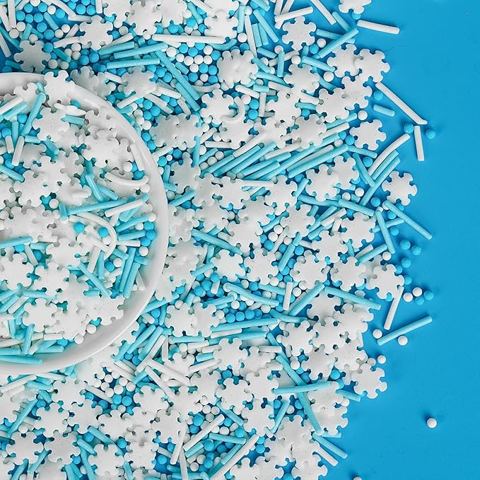 Christmas Edible White Snowflake Sprinkles,Blue White Nonpareils Pearls Jimmies Mix Sugar Sprinkle,100g,Snow Block Candy for Cake Decorating,Holiday Cake Decorations,Dessert,Cookies,Christmas Winter Baking Decorating