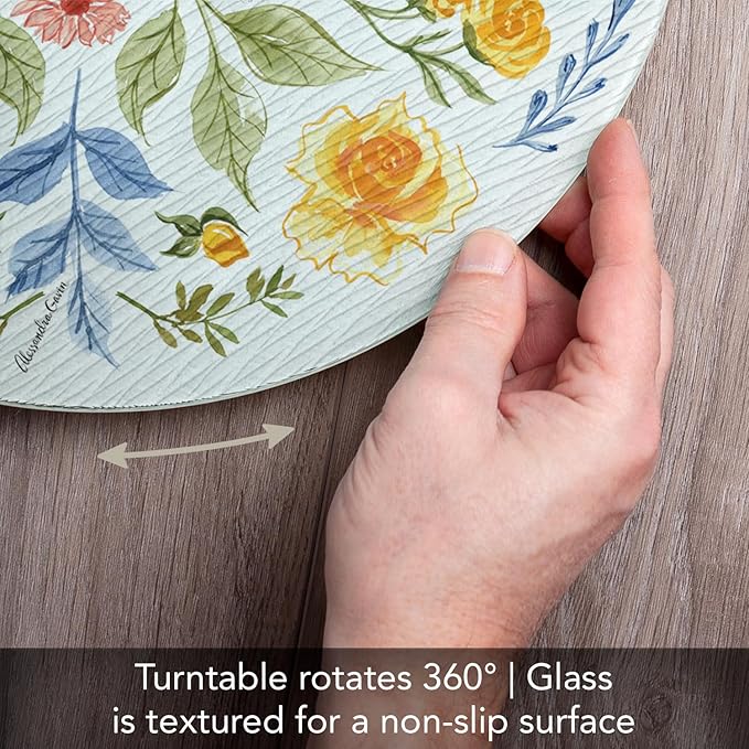 CounterArt Floral Bee 4mm Tempered Glass Lazy Susan Turntable 13" Diameter Condiment Caddy Cake Plate Pizza Server