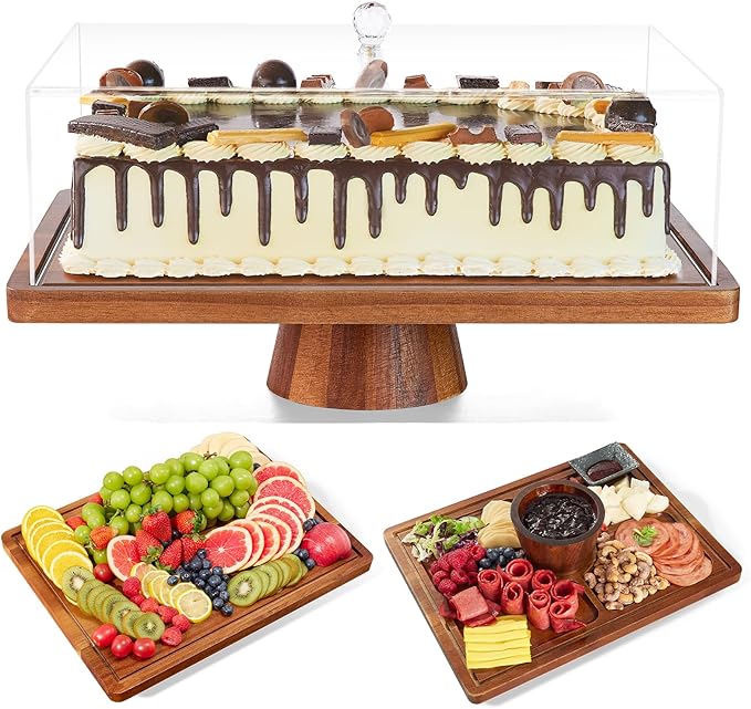 HouseJoy Acacia Wood Cake Stand with Lid-Extra Large 17" Rectangular Cake Holder，2-in-1 Dessert Table Display Set & Charcuterie Board，Acrylic Cake Dome Cover for Cheese/Veggie/Desert /Chips & Dip