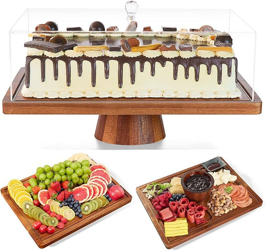 HouseJoy Acacia Wood Cake Stand with Lid-Extra Large 17" Rectangular Cake Holder，2-in-1 Dessert Table Display Set & Charcuterie Board，Acrylic Cake Dome Cover for Cheese/Veggie/Desert /Chips & Dip