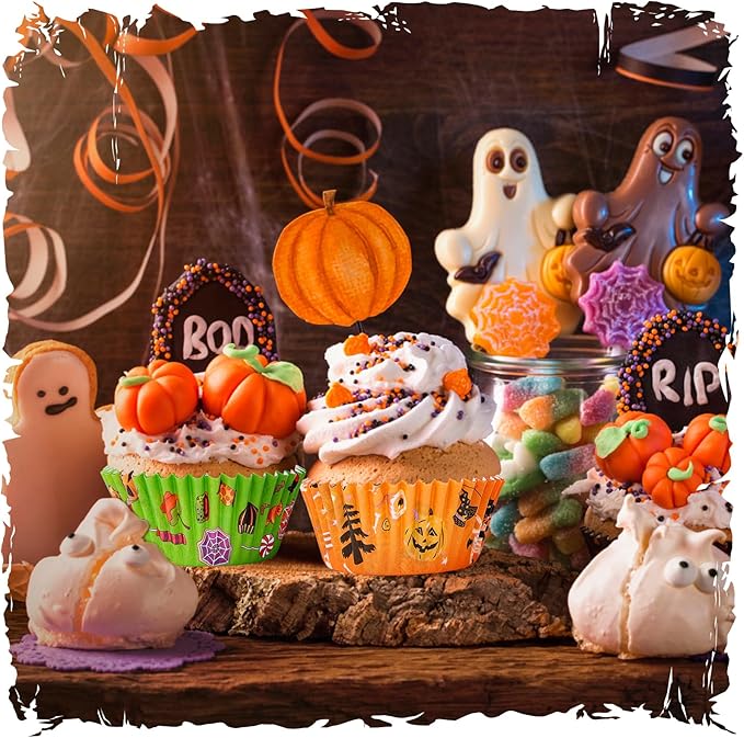 Halloween Cupcake Liners with Toppers Picks, Standard Wrappers Cupcake Disposable Baking Cups Muffin Liners for Halloween Party Decorations Supplies (150 Liners & 150 Toppers)