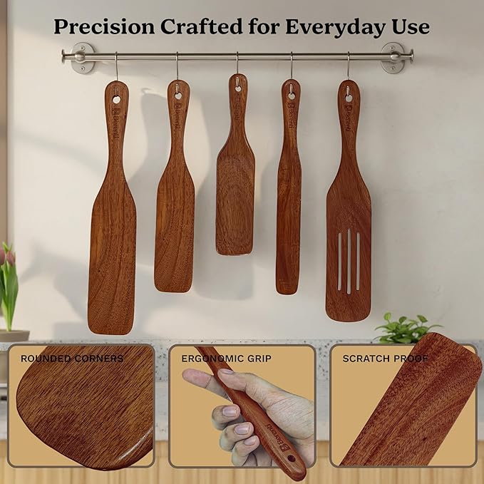 Wooden Spurtle Set - 5 PCS of Different Spurtles As Seen on TV - Wooden Kitchen Tools for Cooking in Nonstick Cookware, for Salad Mixing, Serving, Spreading, Stirring & Folding