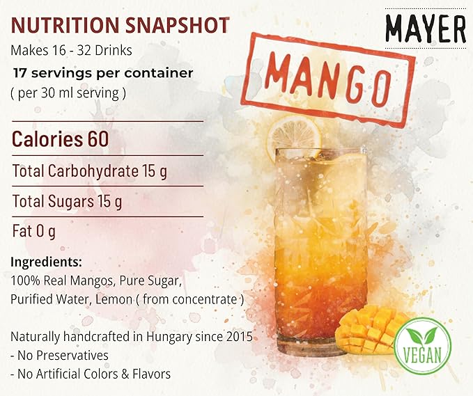 Mayer Mango Syrup for Drinks, Premium Hungarian Fruit Syrup for Cocktails, Smoothies, Lemonade, Desserts -Rich Taste, No Artificial Flavor, No Additives -Award Winning Artisanal Beverage 16 Oz, 1Pack