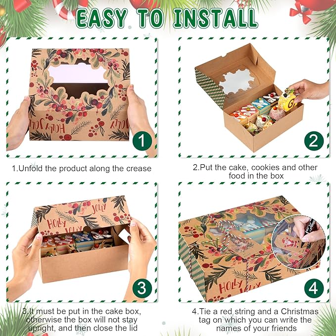 48 Christmas Cookie Boxes, Bulk Large Christmas Kraft Paper Treat Boxes with Tags & Ribbons, 6 Styles Holiday Cookie Boxes for Gift Giving, Xmas Cookie Tins with Lids for Cake, Bakery, Donuts